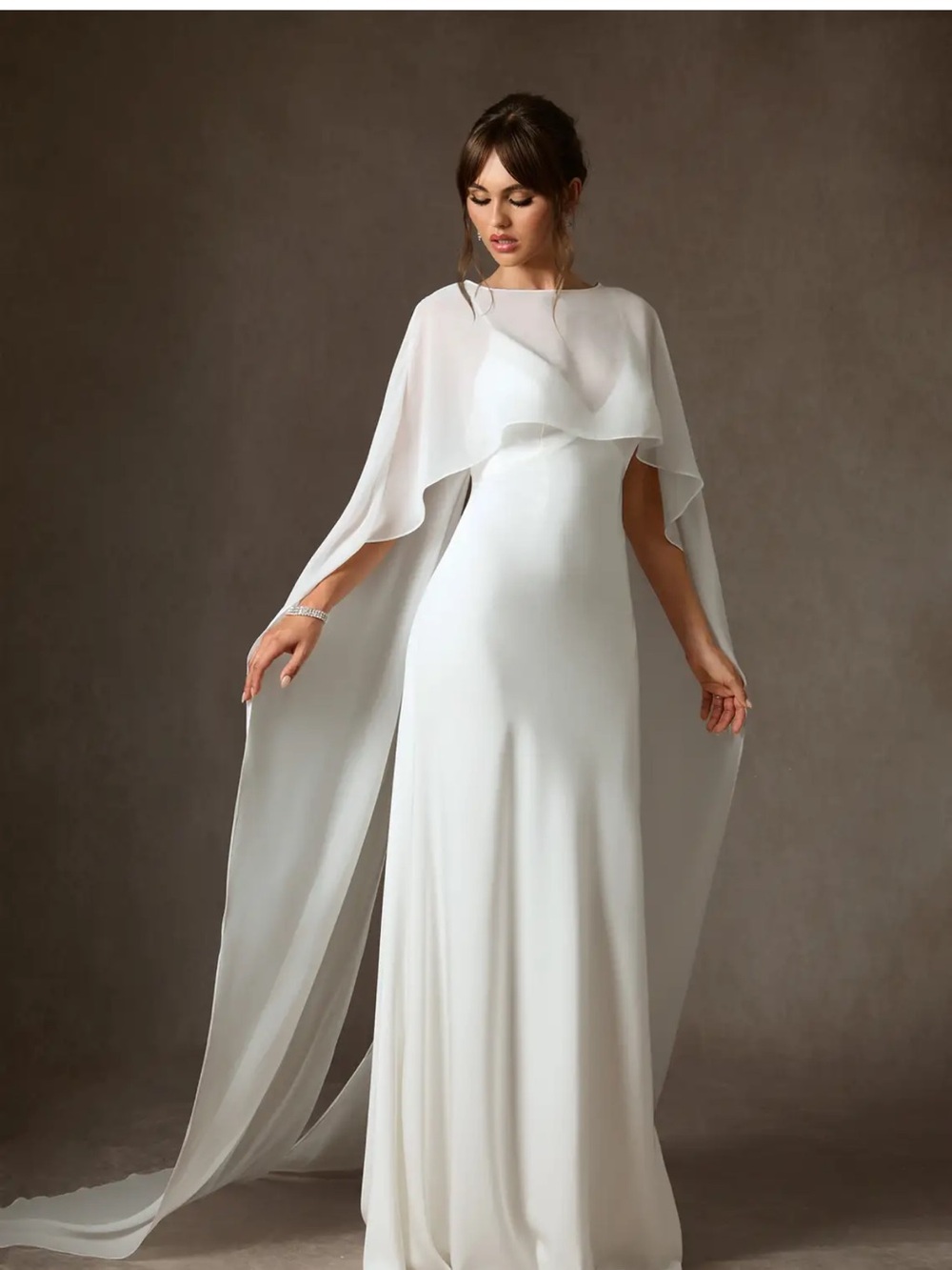 Elegant White Cape-Back Evening Gown